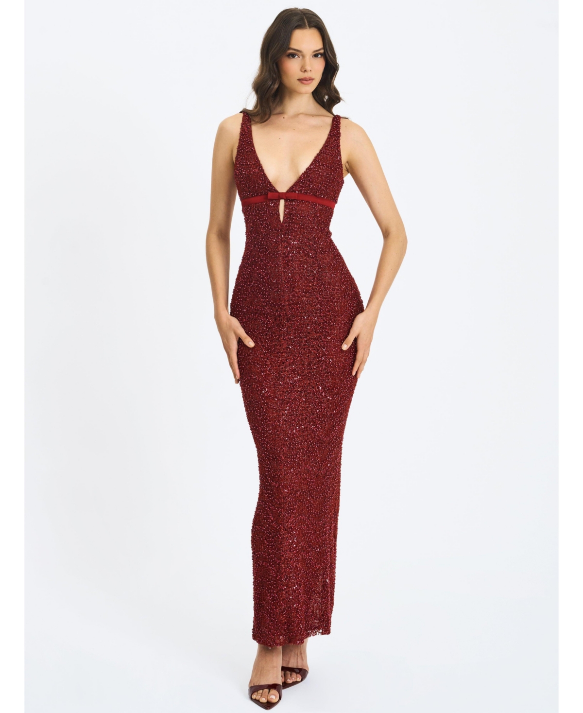 Miss Circle Women's Elora Crimson Sequin Beaded Keyhole Maxi Dress