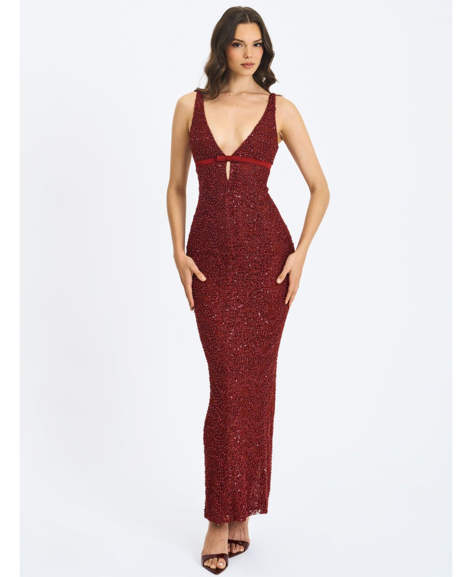 Women's Elora Crimson Sequin Beaded Keyhole Maxi Dress