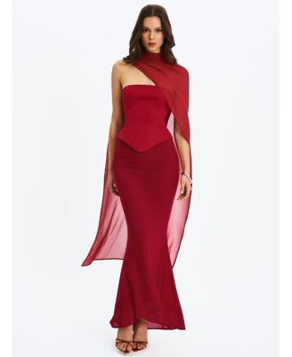 Women's Giselle Crimson Peplum Mermaid Gown with Chiffon Scarf