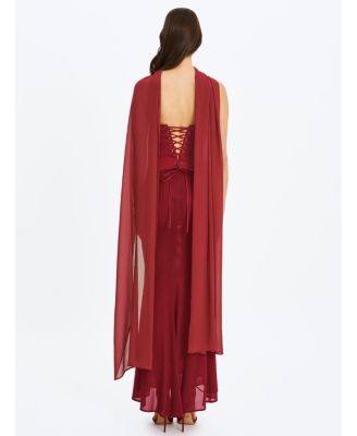 Women's Giselle Crimson Peplum Mermaid Gown with Chiffon Scarf