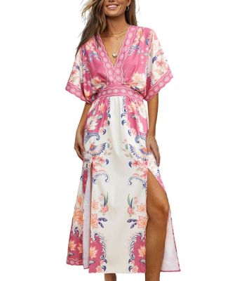 Women's Plunging V-Neck Short-Sleeve Woven Maxi Dress