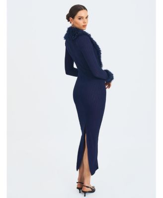 Women's Romina Plunging Fur Trimmed Crochet Maxi Dress