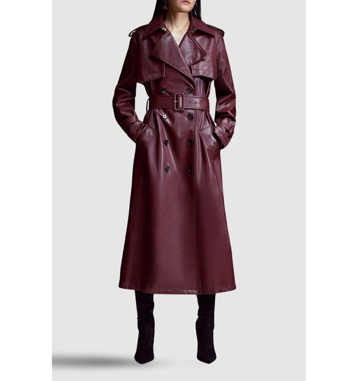 Karen Millen Women's Tailored Faux Leather Belted Trench Coat