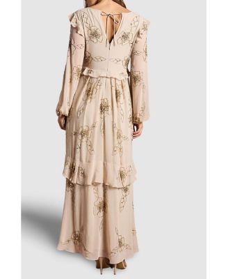 Women's V Neck Embellished Tiered Midi Dress