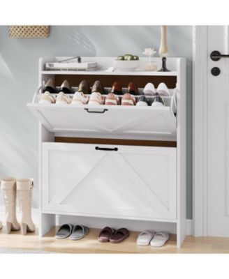 Shoe Cabinet Organizer with 2 Flip Drawers, Freestanding Narrow Shoe Rack for Entryway, Freestanding Hidden Shoe Storage Cabinet for Entryway