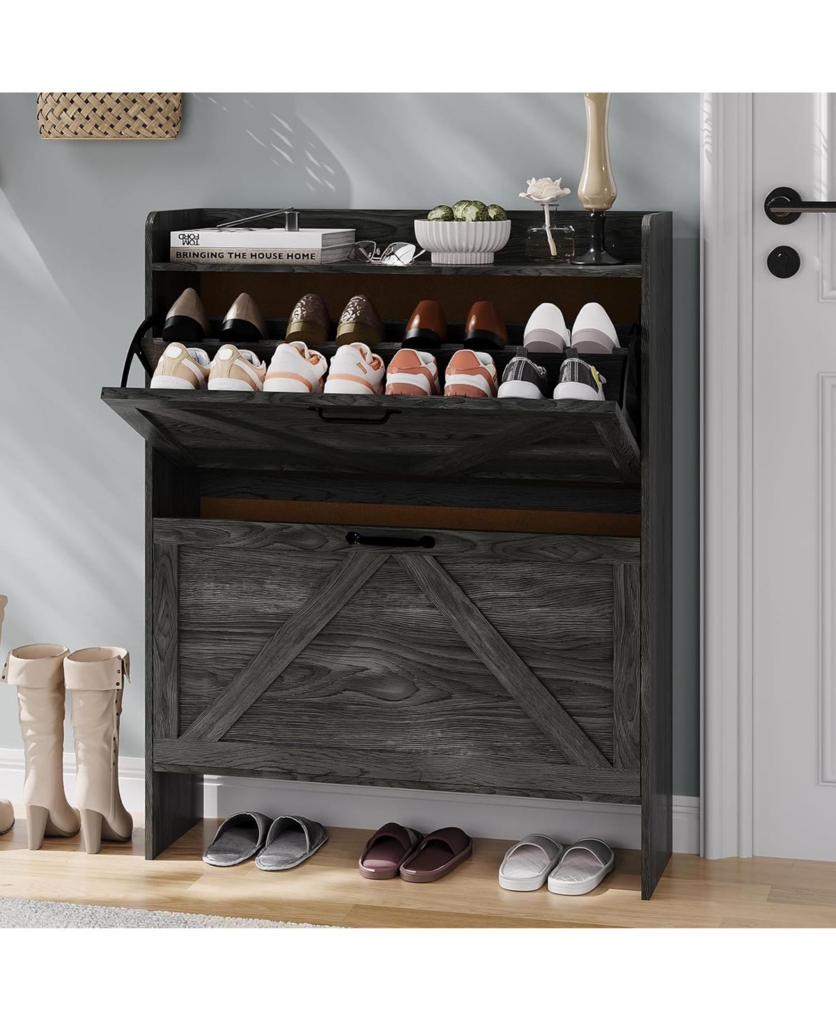 gaomon Shoe Cabinet Organizer with 2 Flip Drawers, Freestanding Narrow Shoe Rack for Entryway, Freestanding Hidden Shoe Storage Cabinet for Entryway