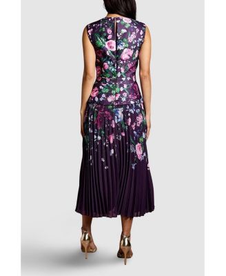 Women's Structured Print Pleated Midi Dress