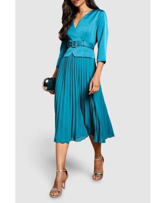 Women's Satin Bodice Pleat Skirt Midi Dress.