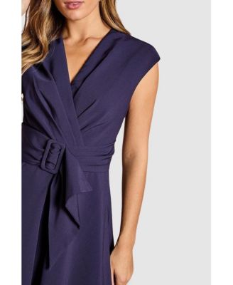 Women's Belted Crepe V-Neck Midi Dress