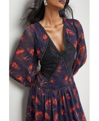 Women's Plunge Neck Pleated Maxi Dress