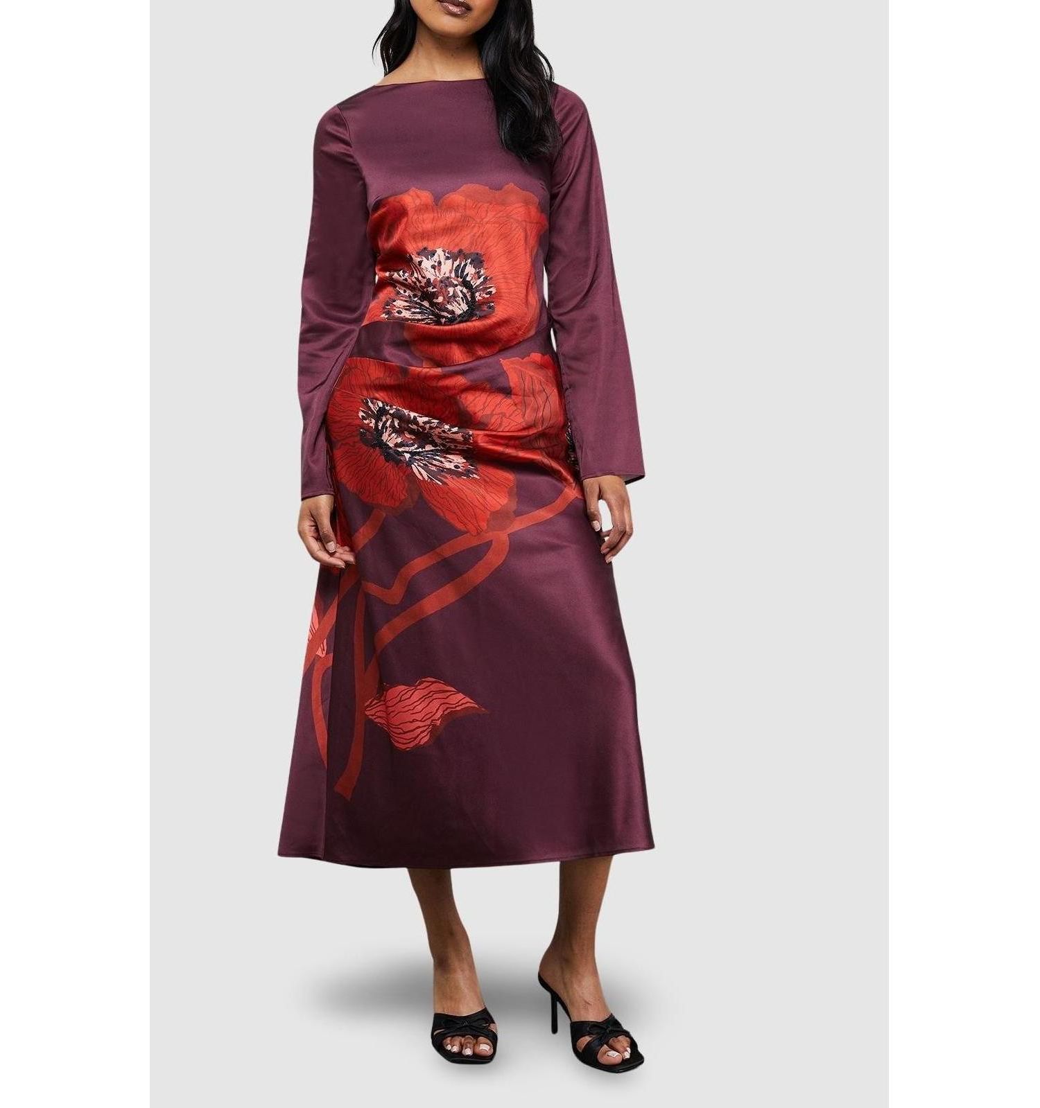 Women's Floral Placement Print Satin Midi Dress