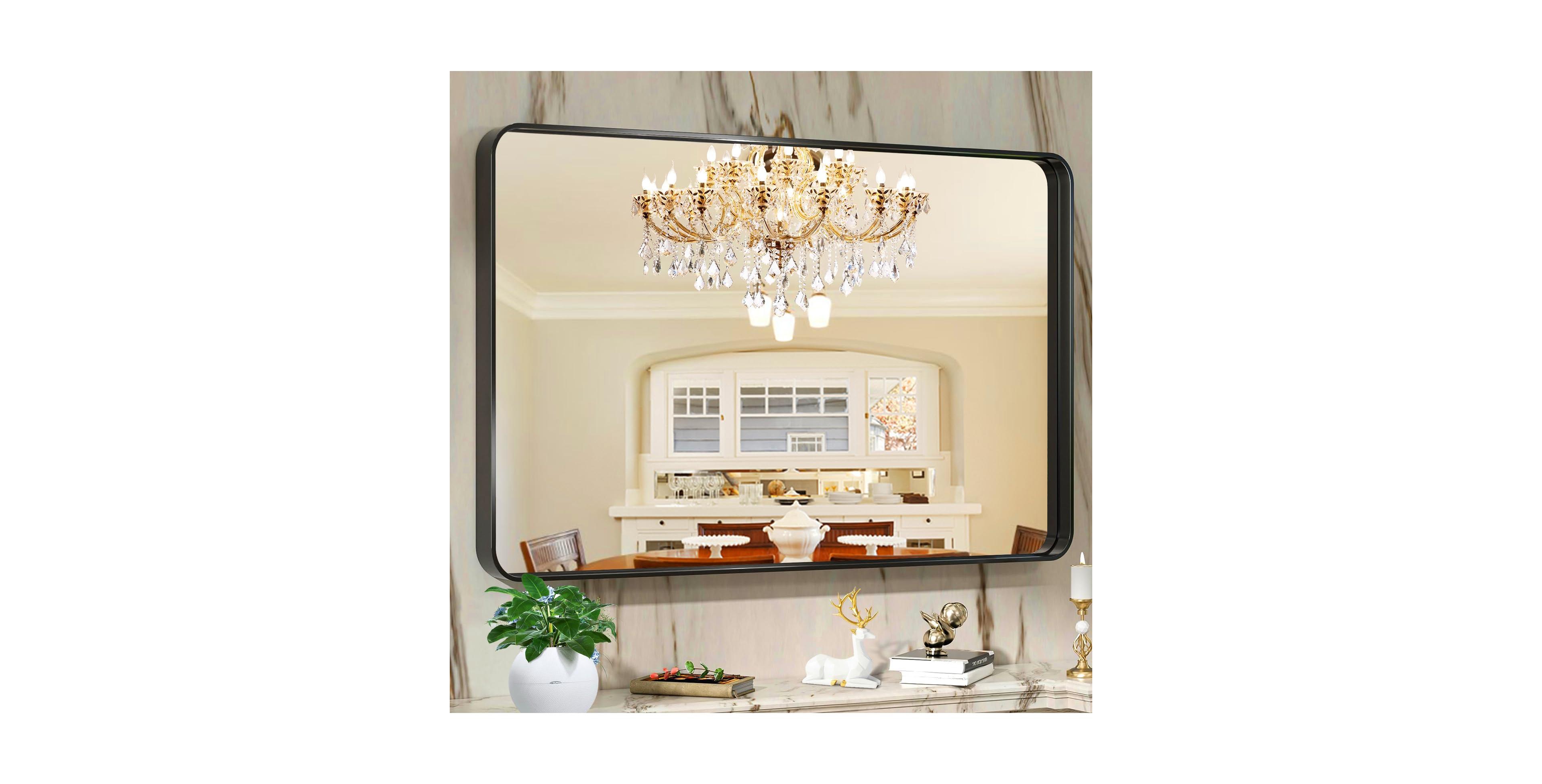 Homfan Bathroom Mirror 55 x 30 inch Rectangular Black Metal Framed Mirror, Modern Round Corner Wall Mounted Vanity Mirror for Bathroom Living Room