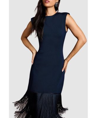 Women's Bandage Knit Fringed Hem Midi Dress