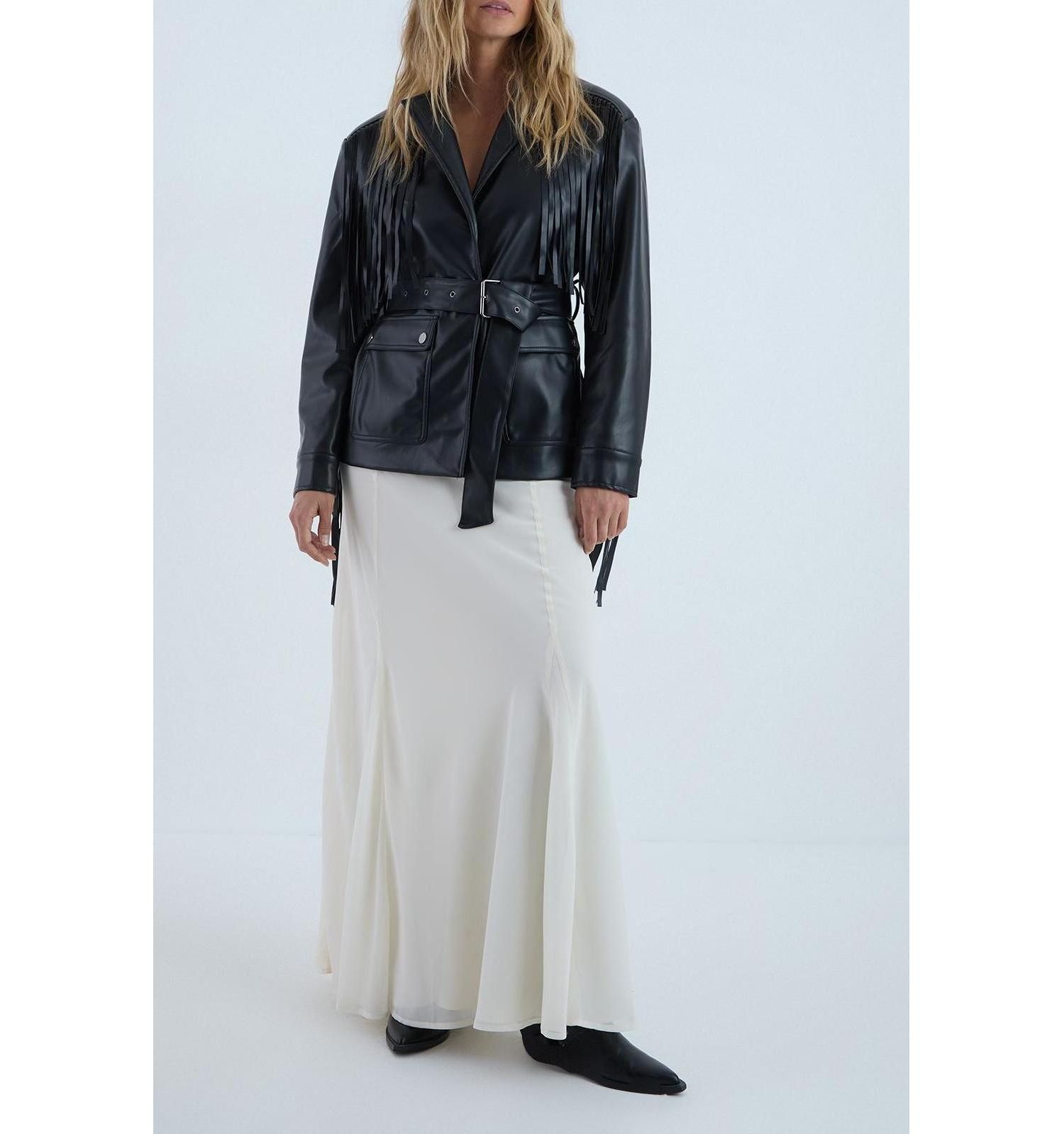 Women's Fringe Faux Leather Belted Jacket