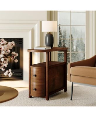 Solid Wood End Table with 2 Drawers & Open Shelf, No Assembly Required Side Table, Vintage Brown Slim Bedside Table Nightstand