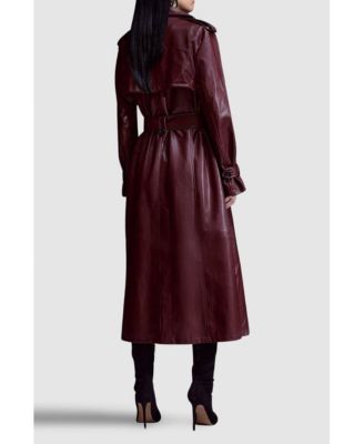 Women's Tailored Faux Leather Belted Trench Coat