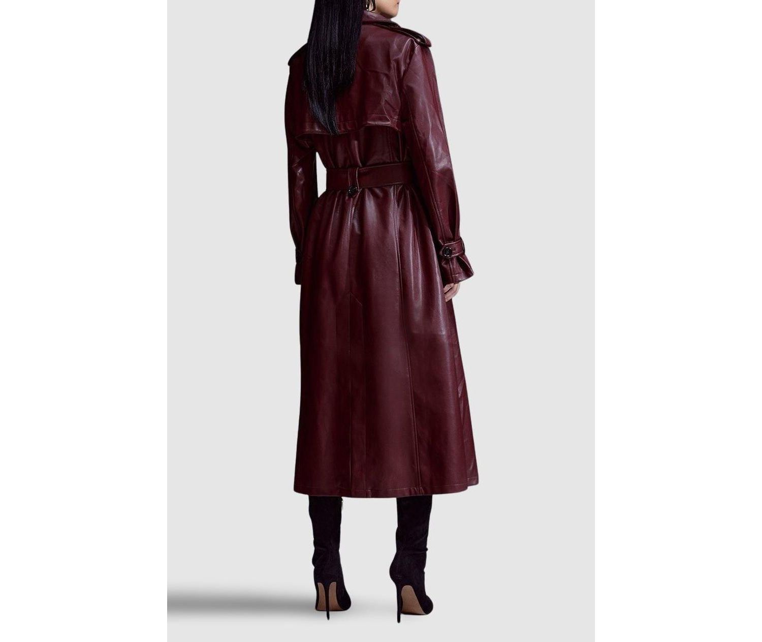Women's Tailored Faux Leather Belted Trench Coat
