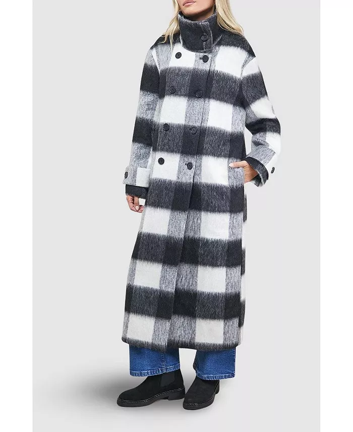 Women's Brushed Check Funnel Neck Coat - thumbnail 3
