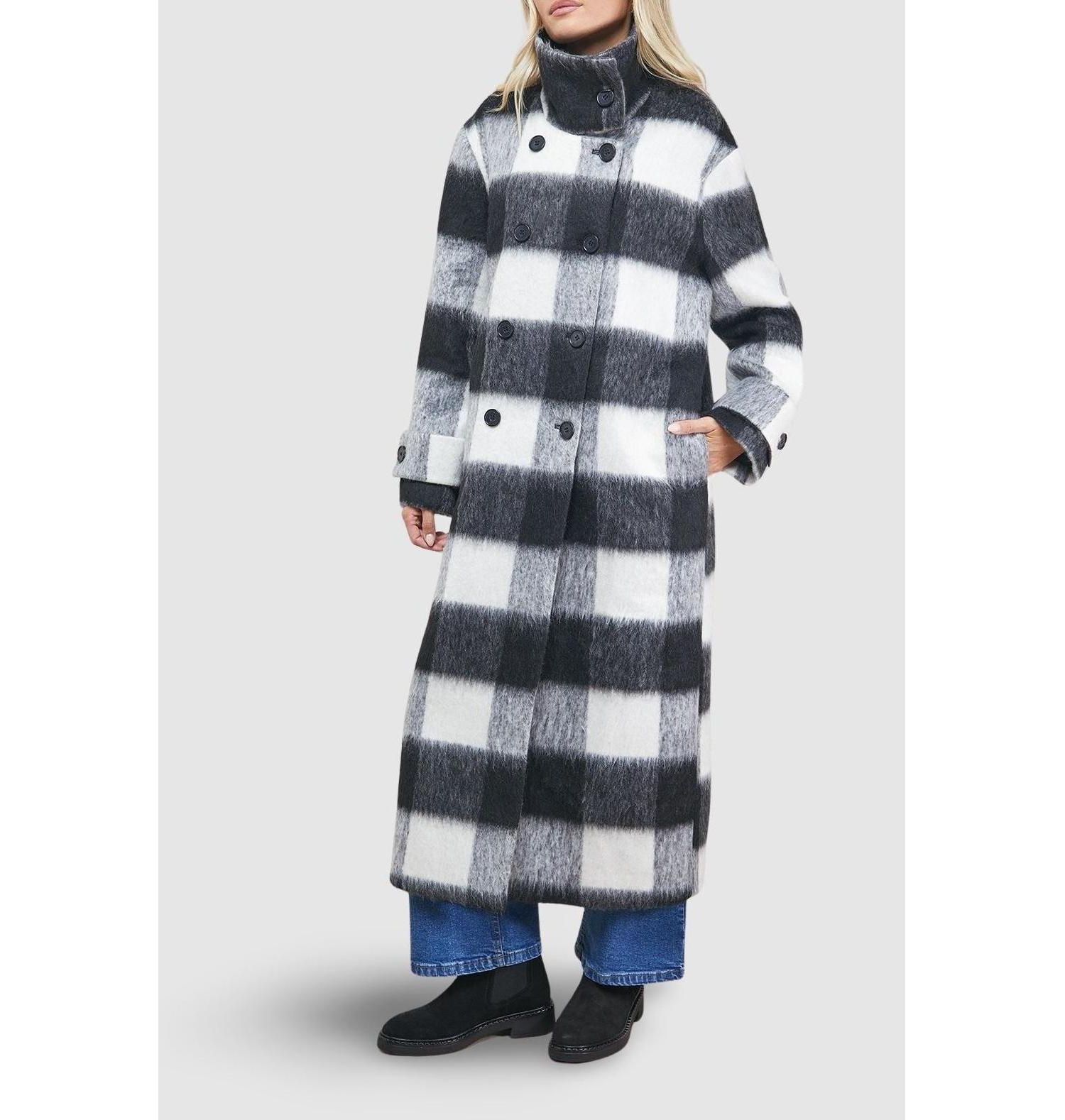 Women's Brushed Check Funnel Neck Coat