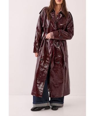 Women's High Shine Faux Leather Trench Coat
