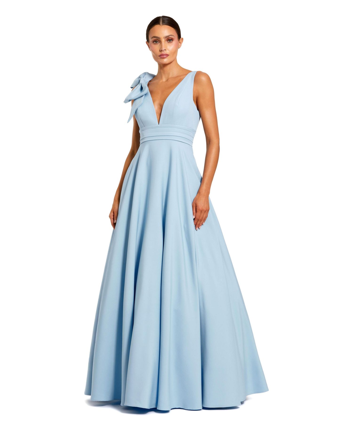 Women's Crepe Sleeveless Plunge Neck Ballgown With Bow