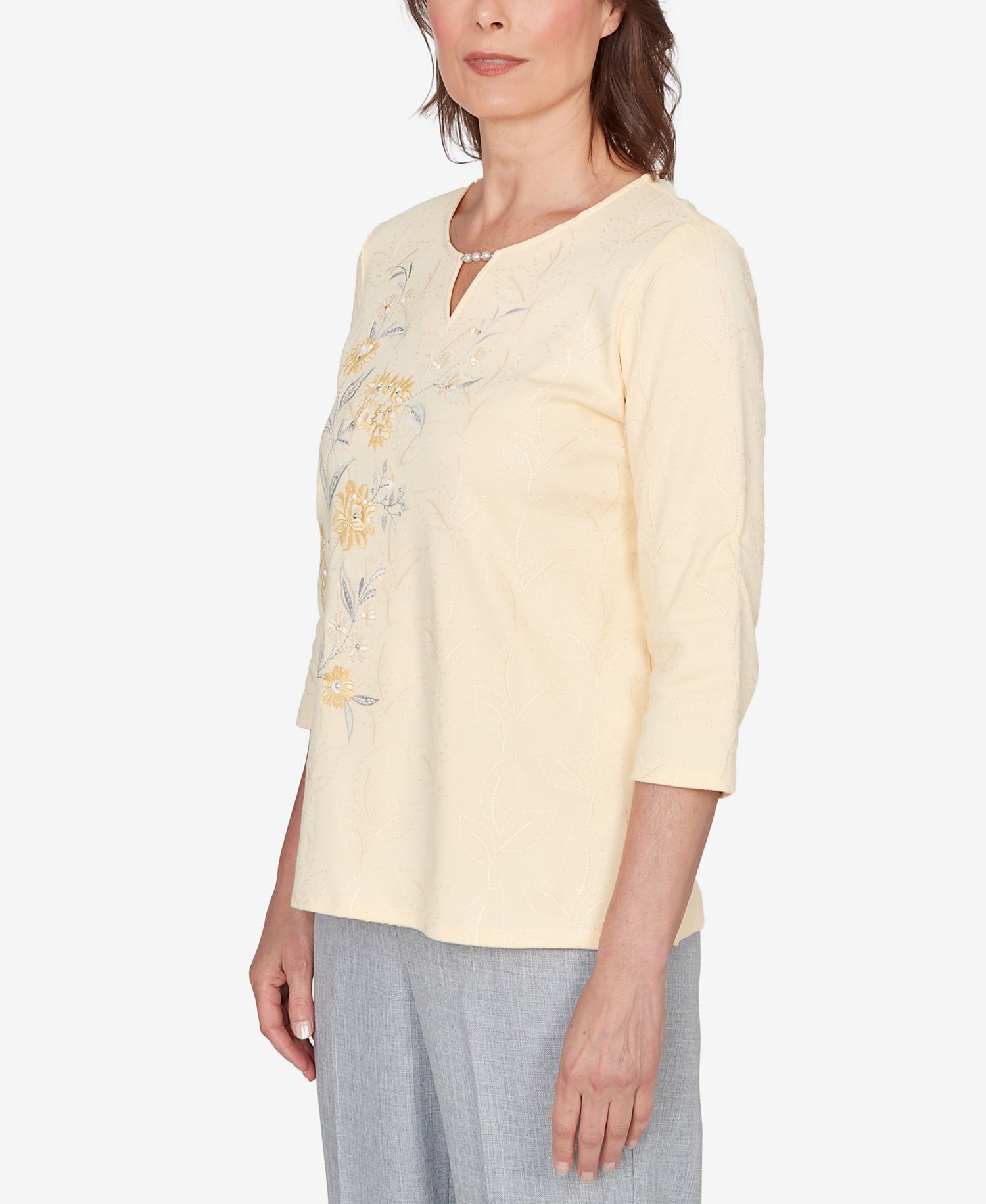 Women's Al Fresco Asymmetrical Floral Embroidered Textured Top