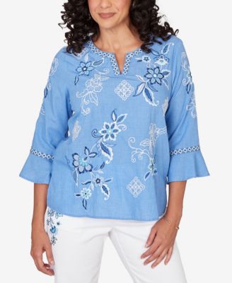 Women's  Mykonos Floral Textured Embroidered Split Neck Top