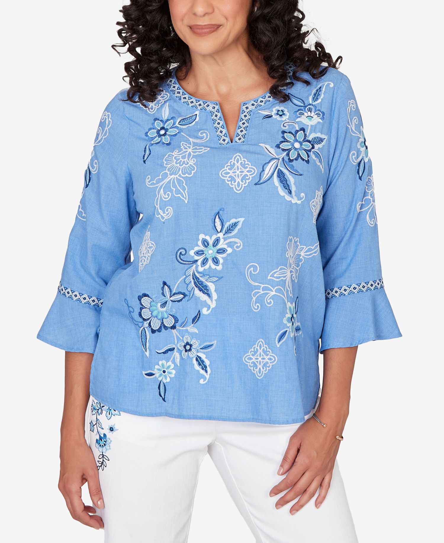 Women's Mykonos Floral Textured Embroidered Split Neck Top