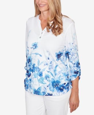 Women's  Mykonos Watercolor Floral Border Henley Top