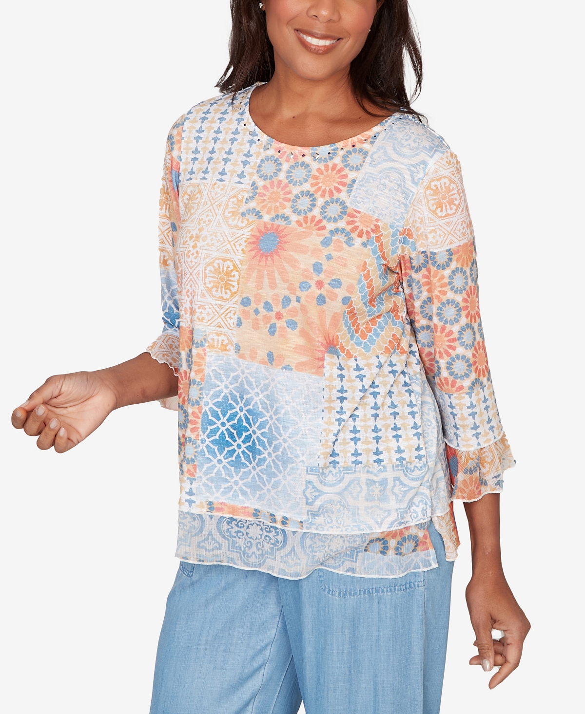 Alfred Dunner Women's Beachcomber Patchwork Medallion Ruffle Sleeve Top