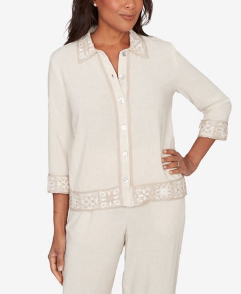 Женские куртки Alfred Dunner Women's Natural Wonder Embellished Crochet Trim Linen Jacket