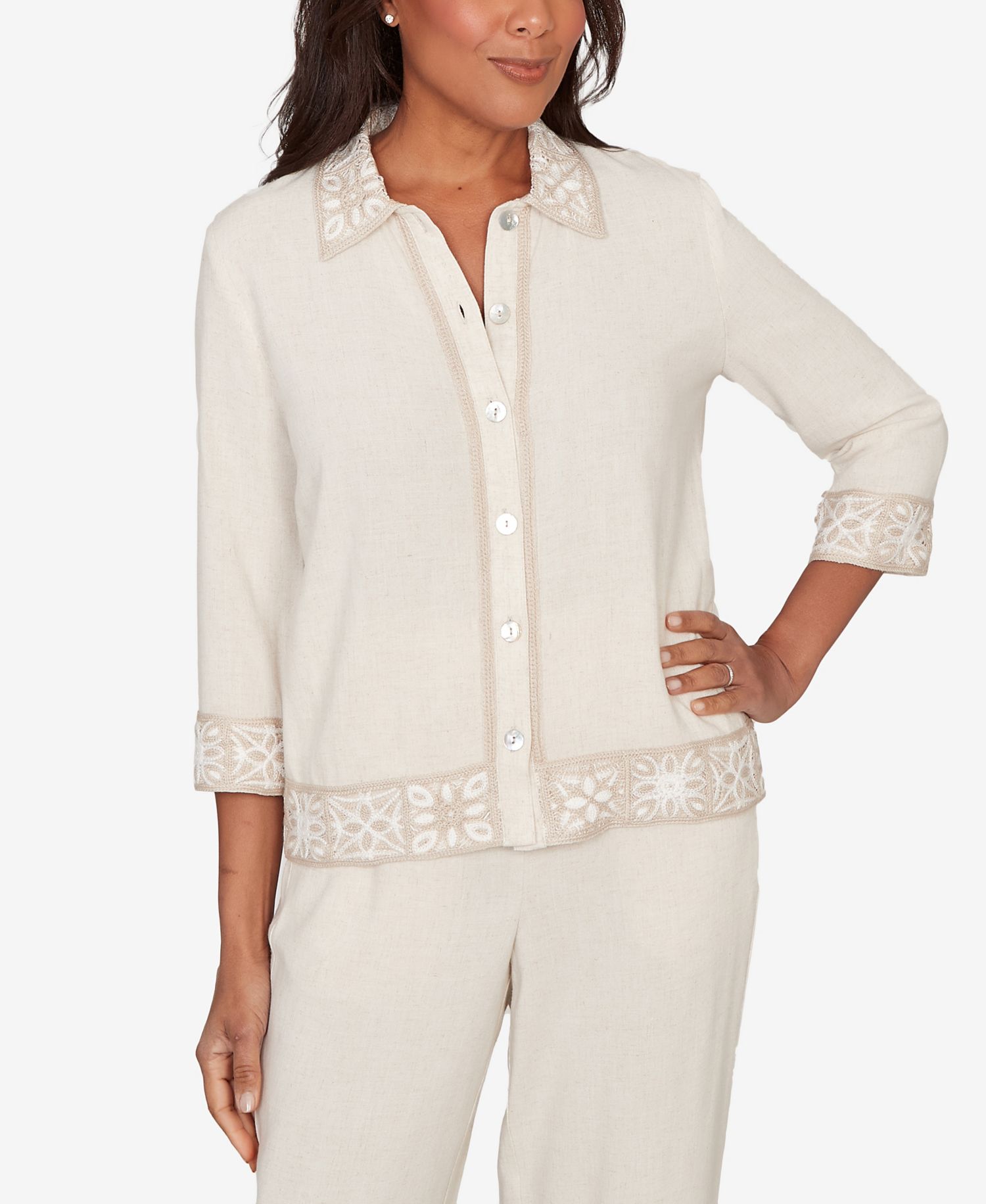 Women's Natural Wonder Embellished Crochet Trim Linen Jacket