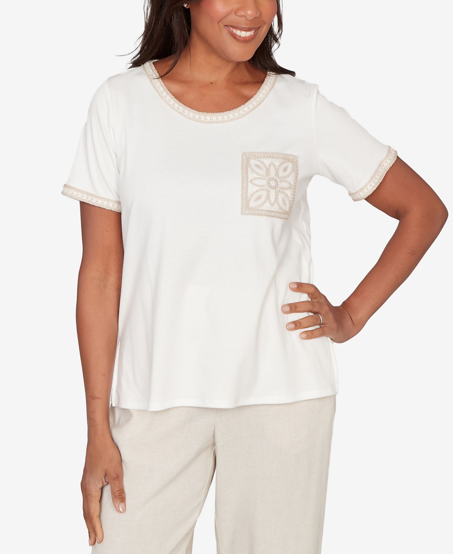 Women's Natural Wonder Crochet Pocket Short-Sleeve T-Shirt