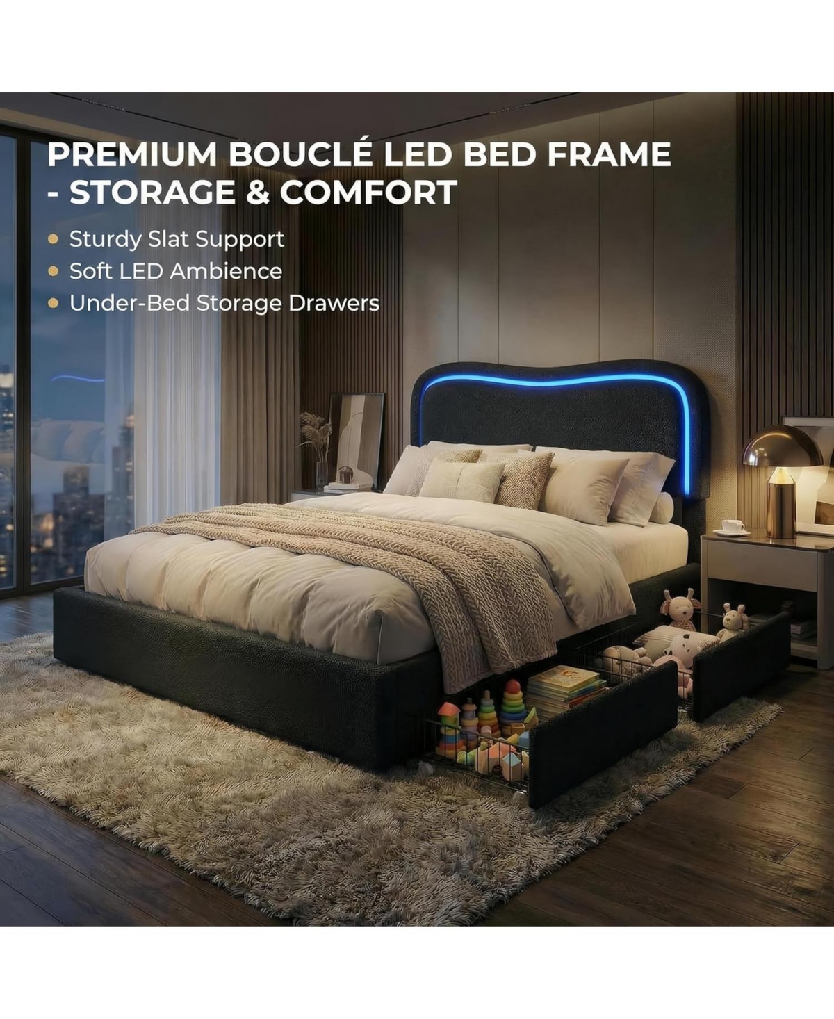 gaomon Boucle Bed Frame with 2 Storage Drawers, Upholstered Platform Led Headboard