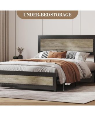 Bed Frame with Headboard and Charging Station, Sturdy Metal Platform, Wood Accent Bed Frame