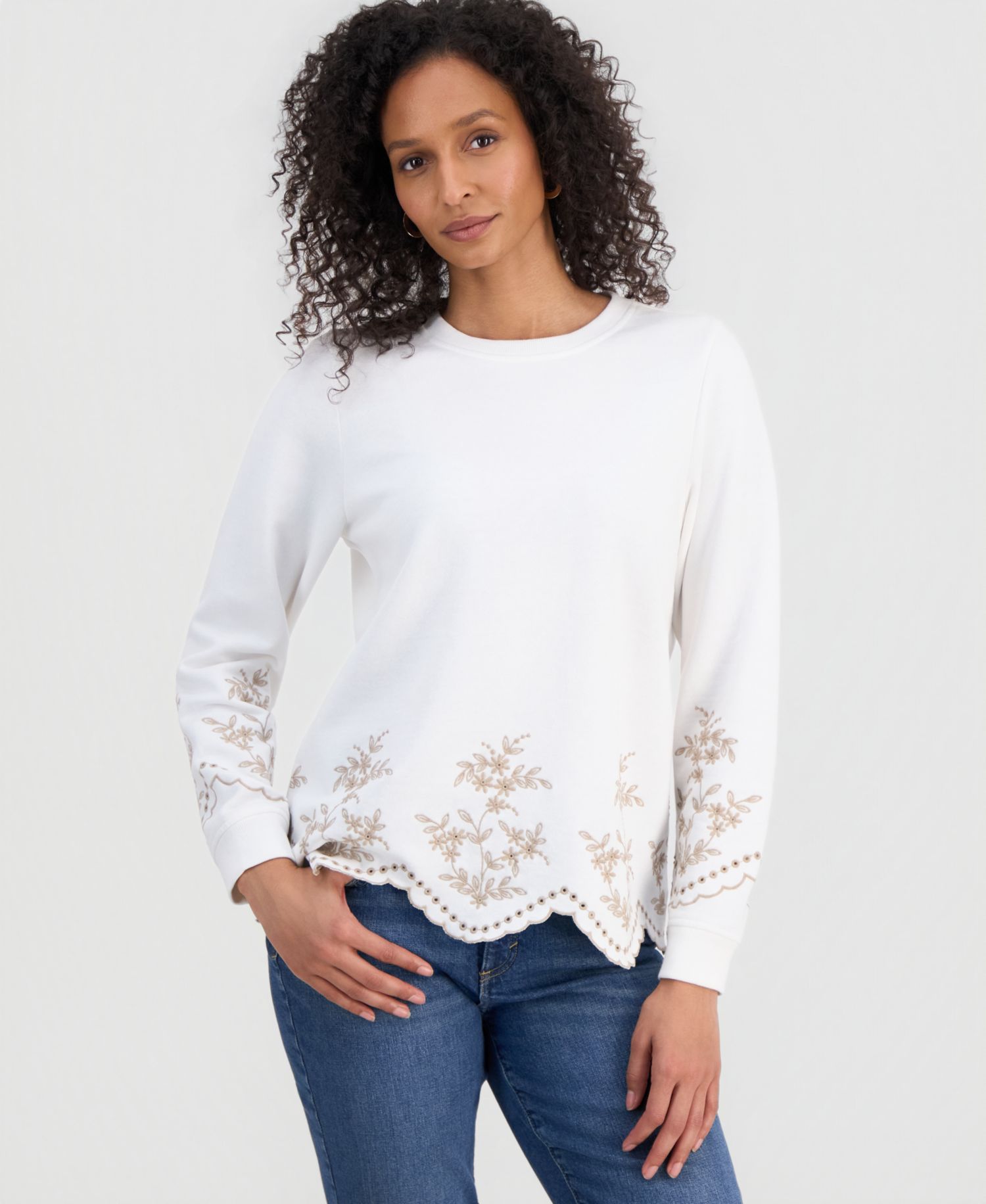 Petite Long-Sleeve Trim Eyelet Knit Crew Neck Top