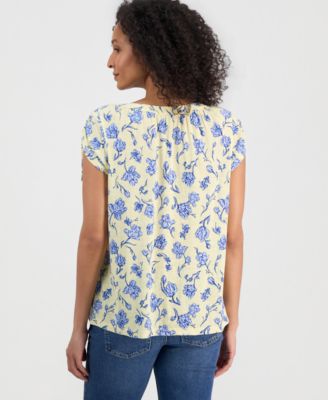 Women's Floral-Print Boat-Neck Ruched-Sleeve Top