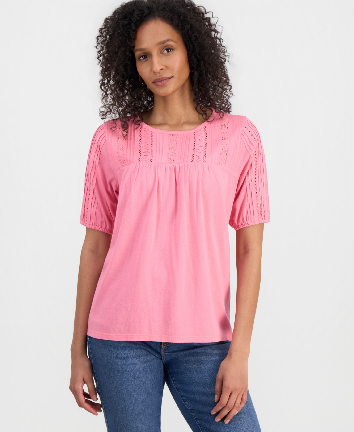 Petite Printed Lace Trim Cotton Short-Sleeve Blouse