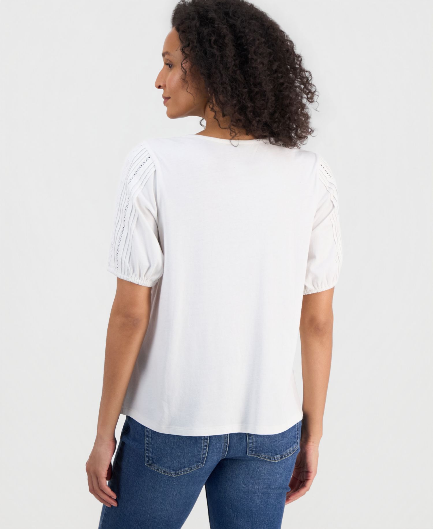 Petite Printed Lace Trim Cotton Short-Sleeve Blouse
