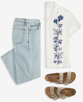 Men's Floral Embroidered Cotton Camp Shirt & Wave Wash Baggy Jeans