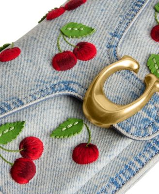 Tabby Medium Denim Cherry Embroidery Shoulder Bag 26