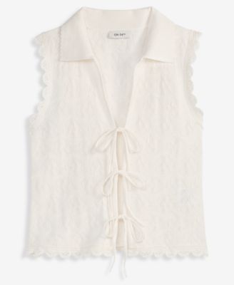 Women's Tie-Front Sleeveless Crochet Sweater