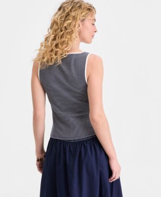 Women's Thin Stripe Rib Button-Up Tank Top