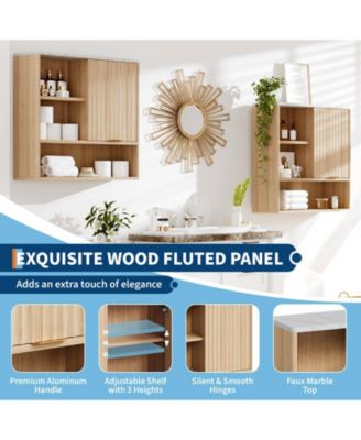 Fluted Bathroom Wall Cabinet with Faux Marble Top & Adjustable Shelf, Modern Medicine Cabinet with Sliding Door and Open Storage Space