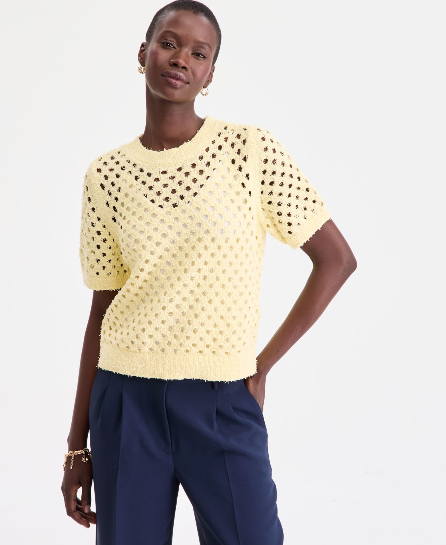 Women's Open-Stitch Short-Sleeve Sweater