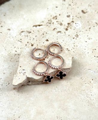 Rose Gold CZ Black Clover Huggie Set