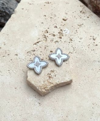 Silver CZ Mother of Pearl Statement Flower Stud Earrings