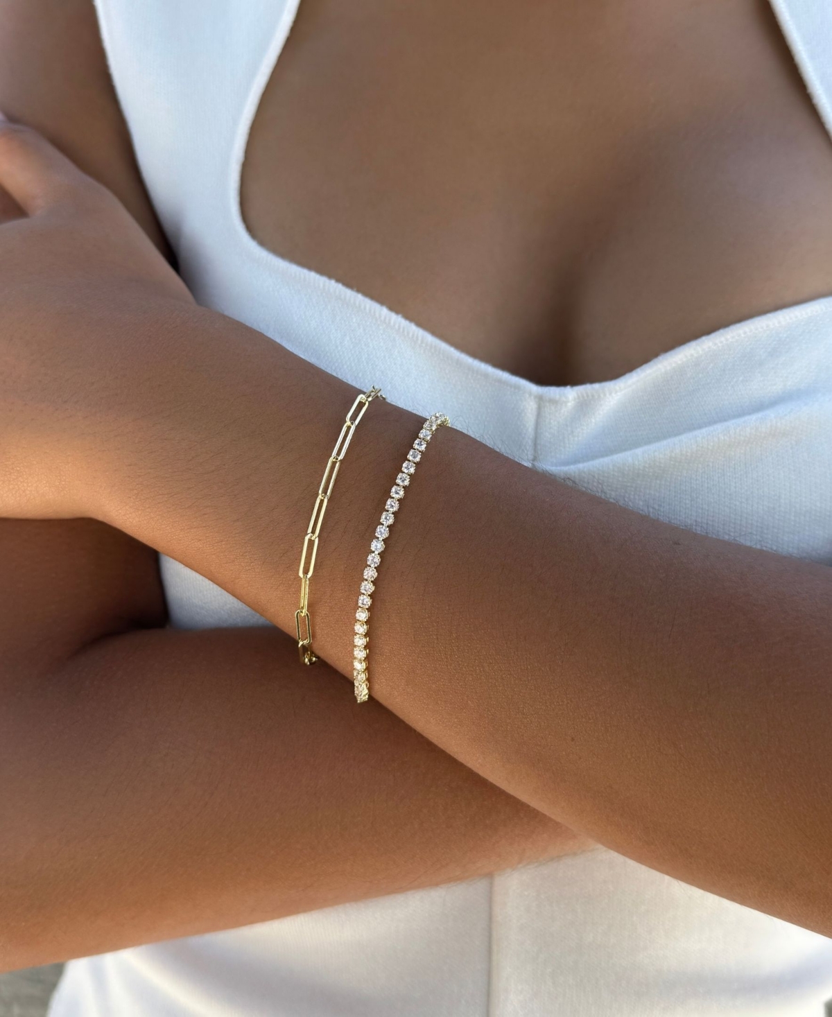 Adornia Gold Tennis and Paperclip Chain Bracelet Set
