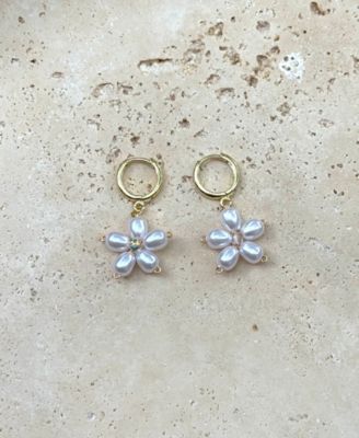Gold Pearl Flower Huggie Earrings