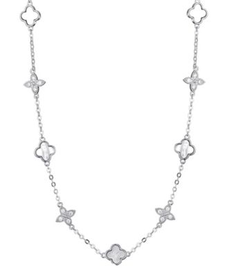 Silver Mother of Pearl CZ Mixed Clover Station Necklace